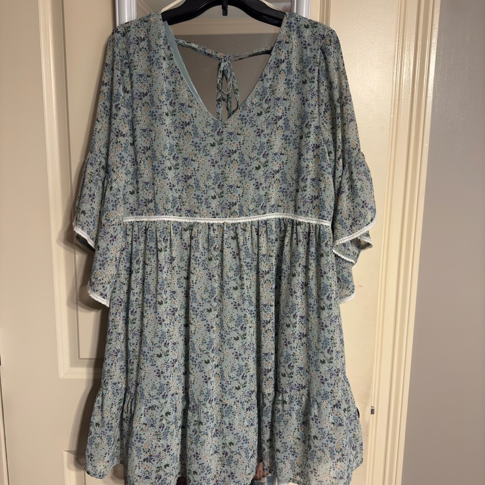 Floral Blue Dress with White Accents
